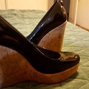 Stuart Weitzman Corkswoon Patent Wedge Pump Black